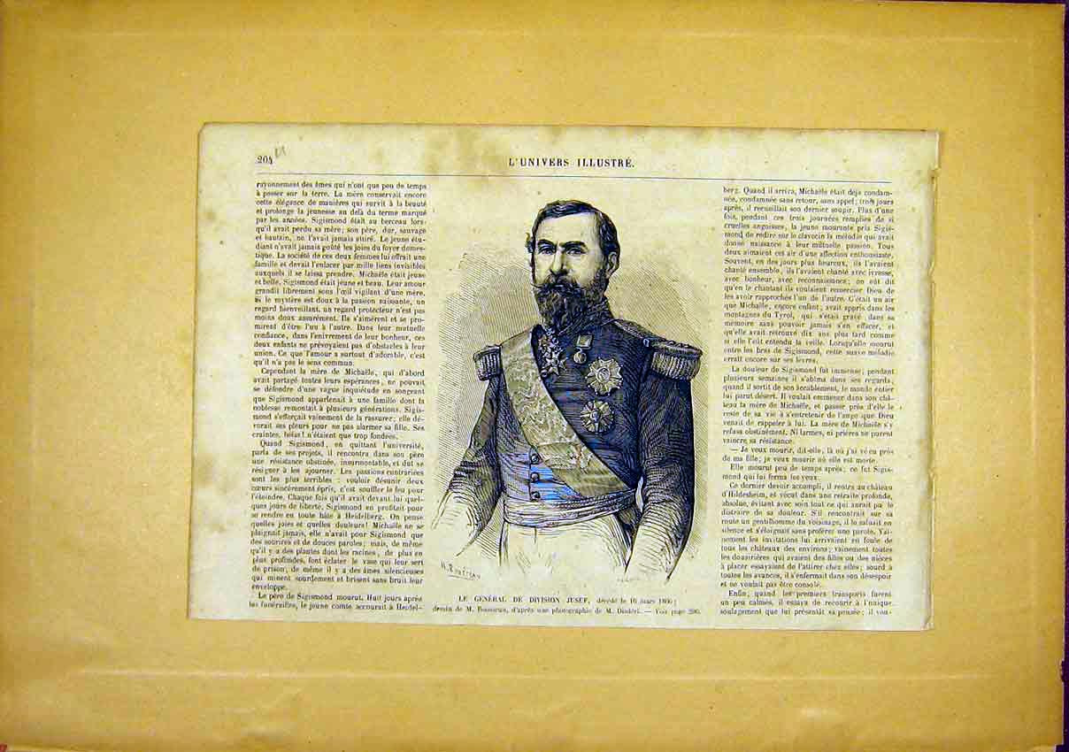 Original Old Antique Print Portrait General Jusuf French 1866 19th