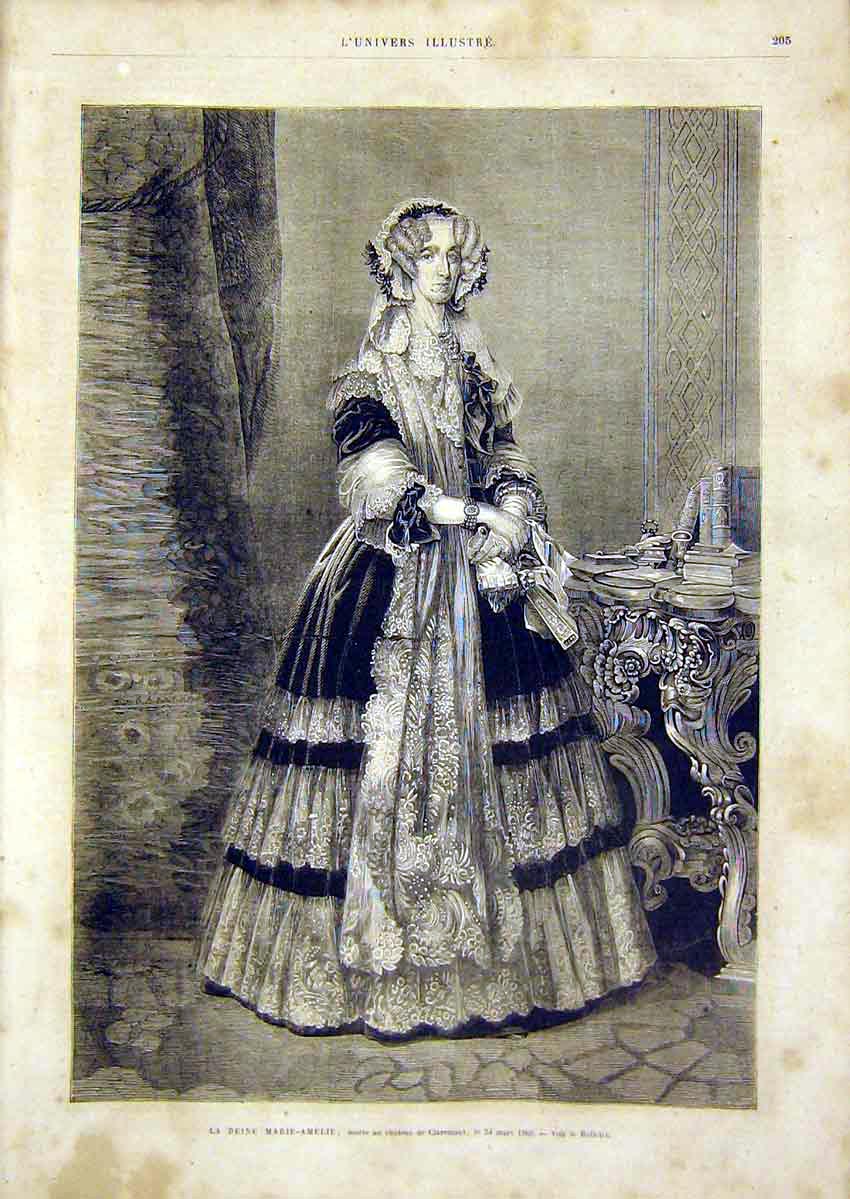 Original Old Antique Print Mary-Amelia Claremont Royal French 1866 Victorian