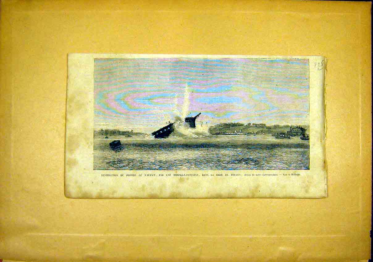 Original Old Antique Print Ship Vauban Toulon Battle Torpedo French 1866 19th