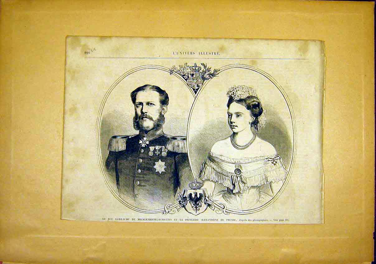 Old Antique Print Portrait Guillaume Schwerin Princess Alexandria Prussia