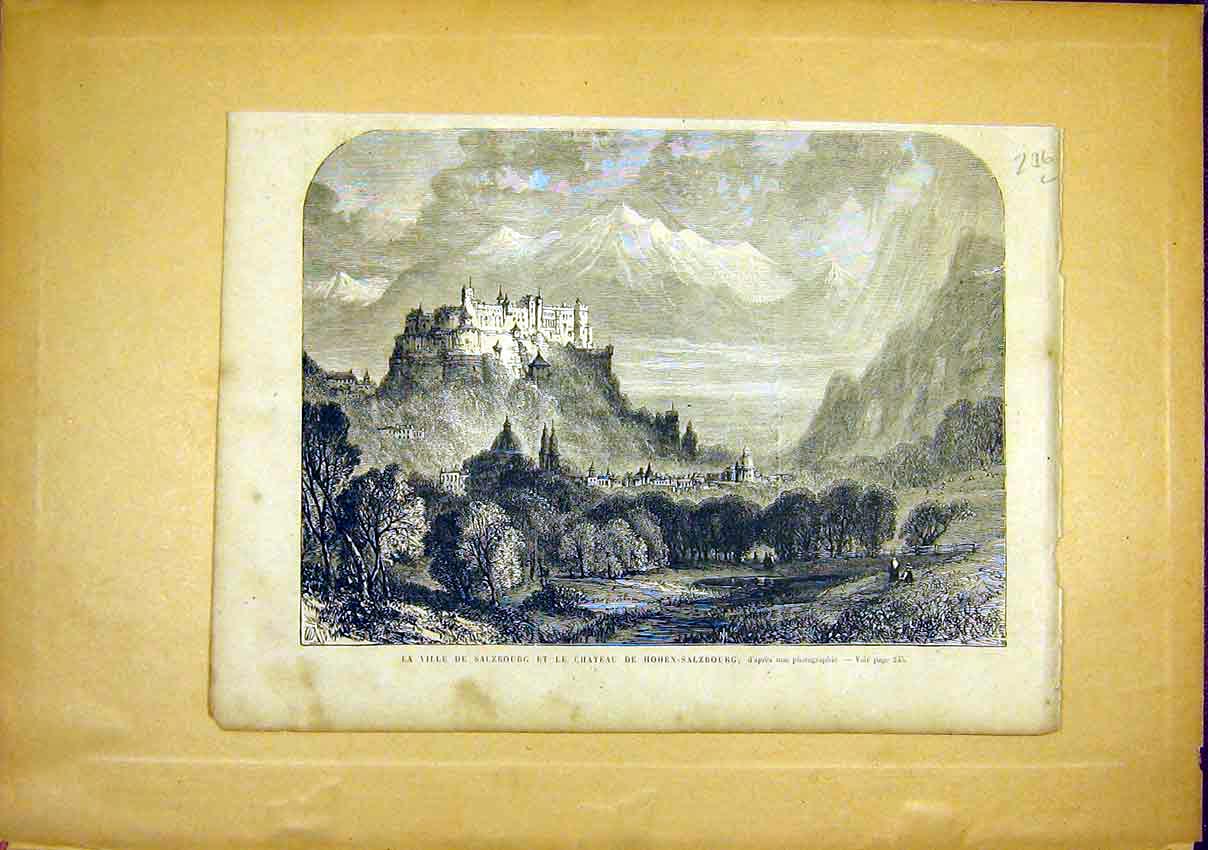 Original Old Antique Print Salzbourg Castle Hohen-Salzbourg French 1866 19th