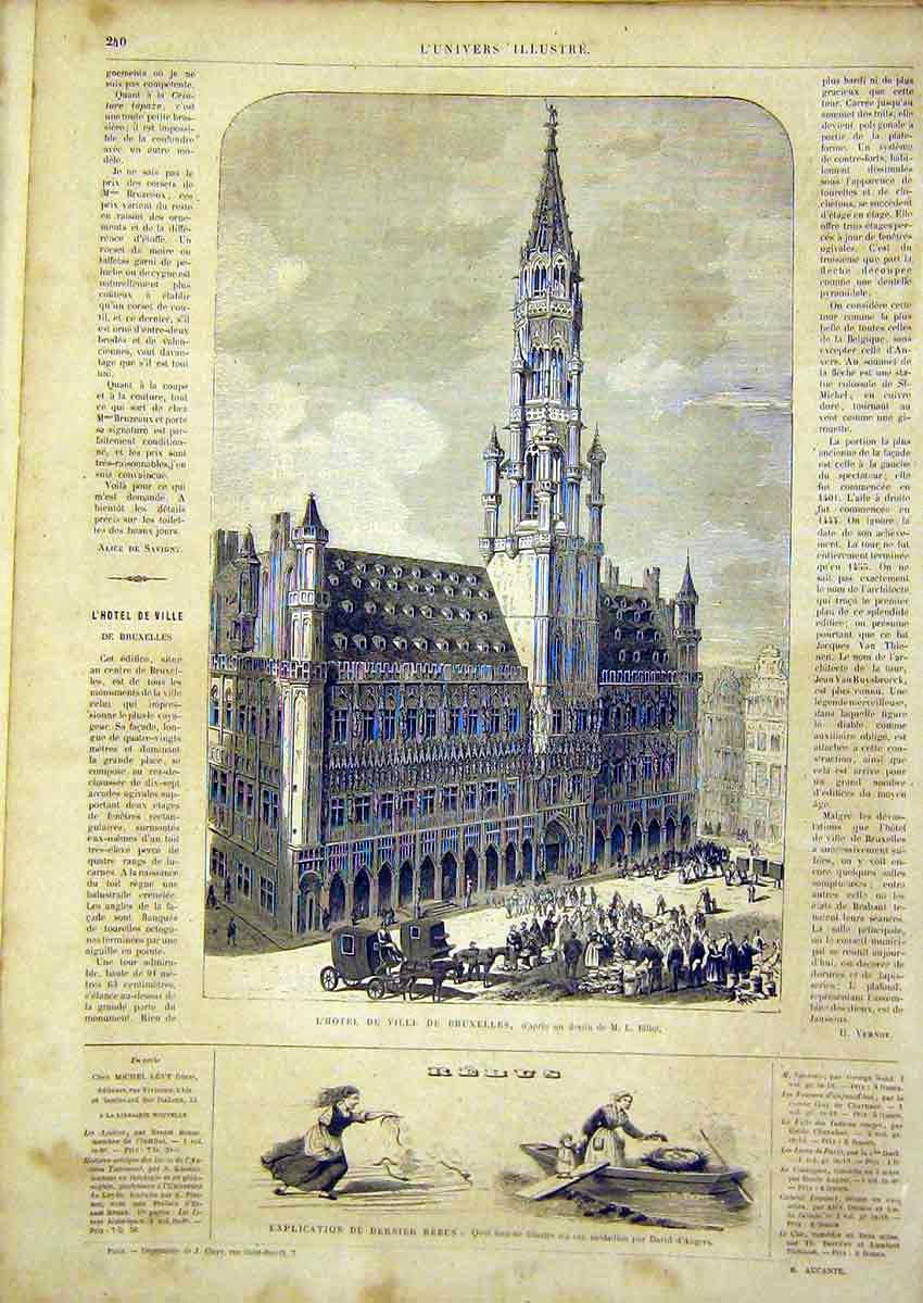 Original Old Antique Print Hotel Brussels Elliot Building French 1866 Victorian