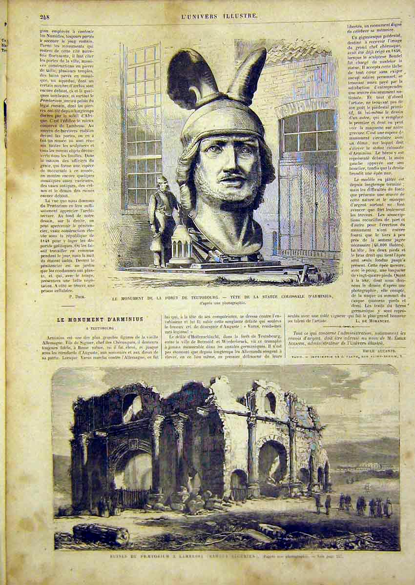 Old Antique Print Teutobourg Statue Arminuis Ruins Lambessa Algeria 1866 19th