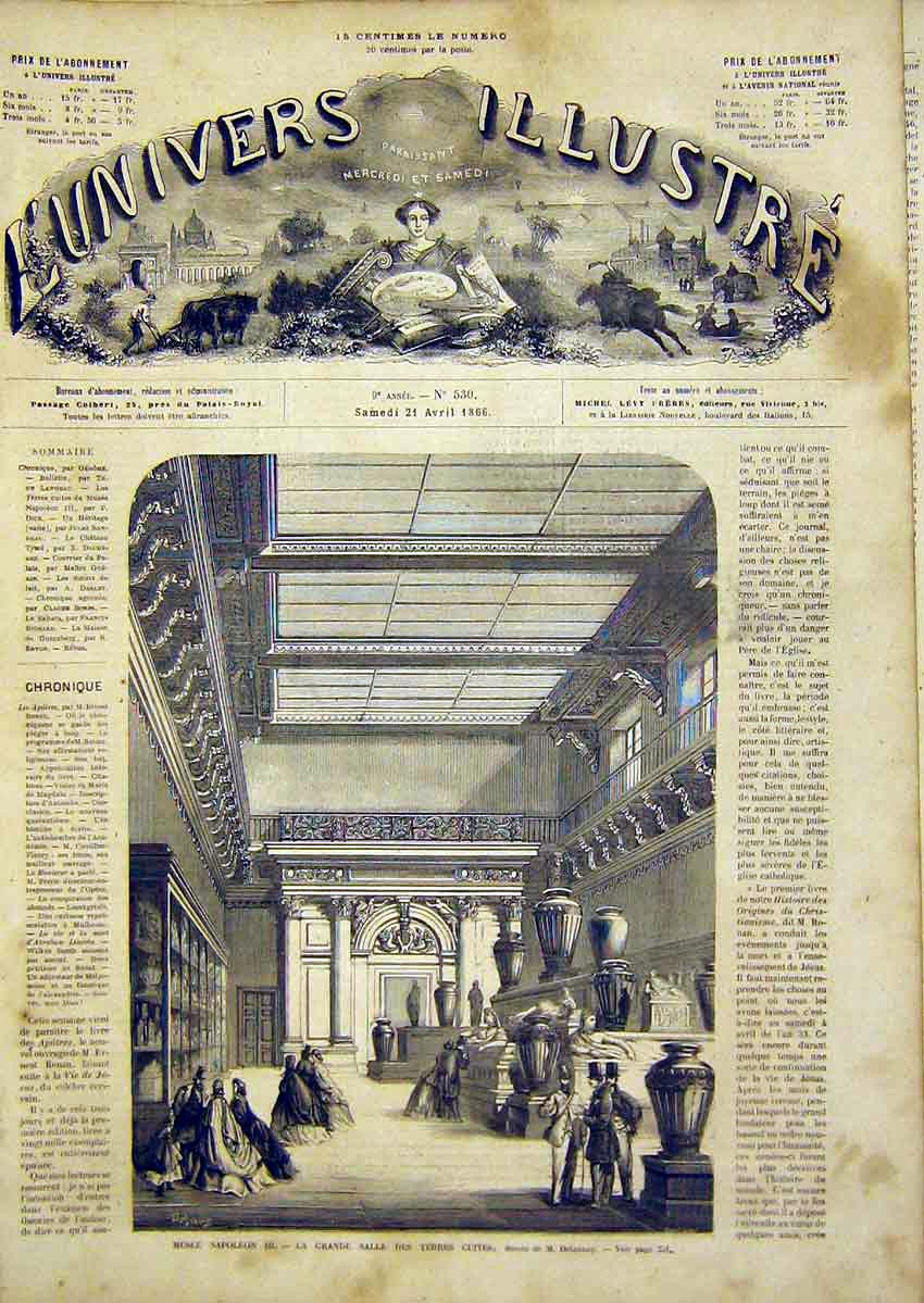 Original Old Antique Print Museum Napoleon Terra-Cotta Delanoy French 1866 19th