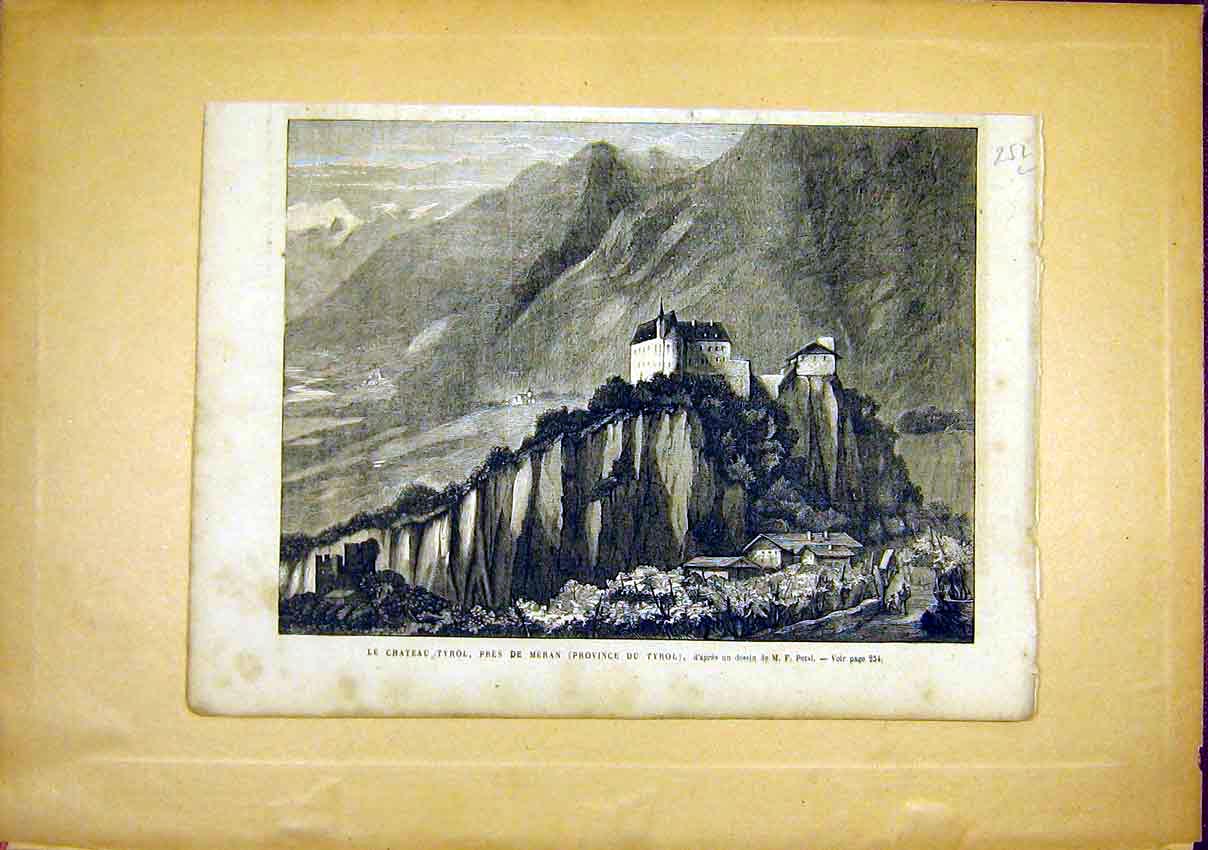 Original Old Antique Print Castle Tyrol Meran Petsl French 1866 19th