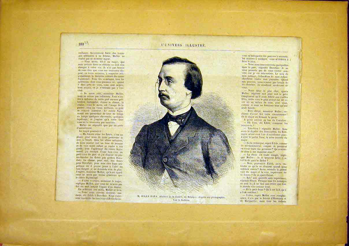 Original Old Antique Print Portrait Jules Bara Justice Belgium French 1866 19th