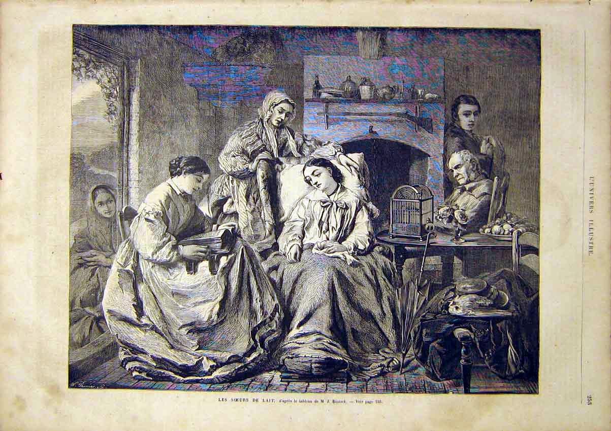 Original Old Antique Print Sisters Bostock Family Portrait French 1866 Victorian