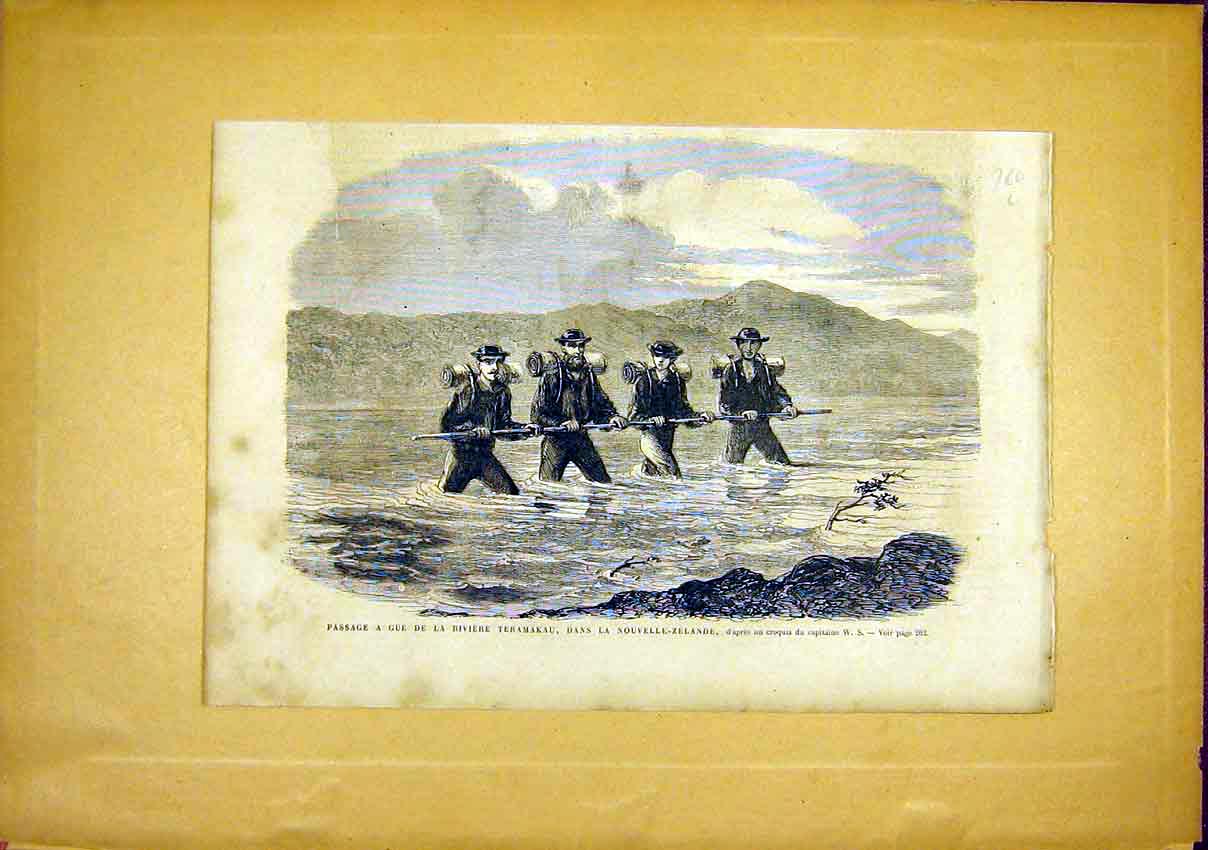 Original Old Antique Print Teramakau New Zealand River French 1866 Victorian