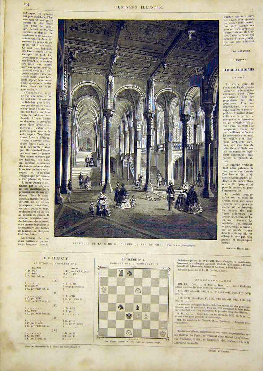 Original Old Antique Print Station Vestibule Church Vienna French 1866 Victorian