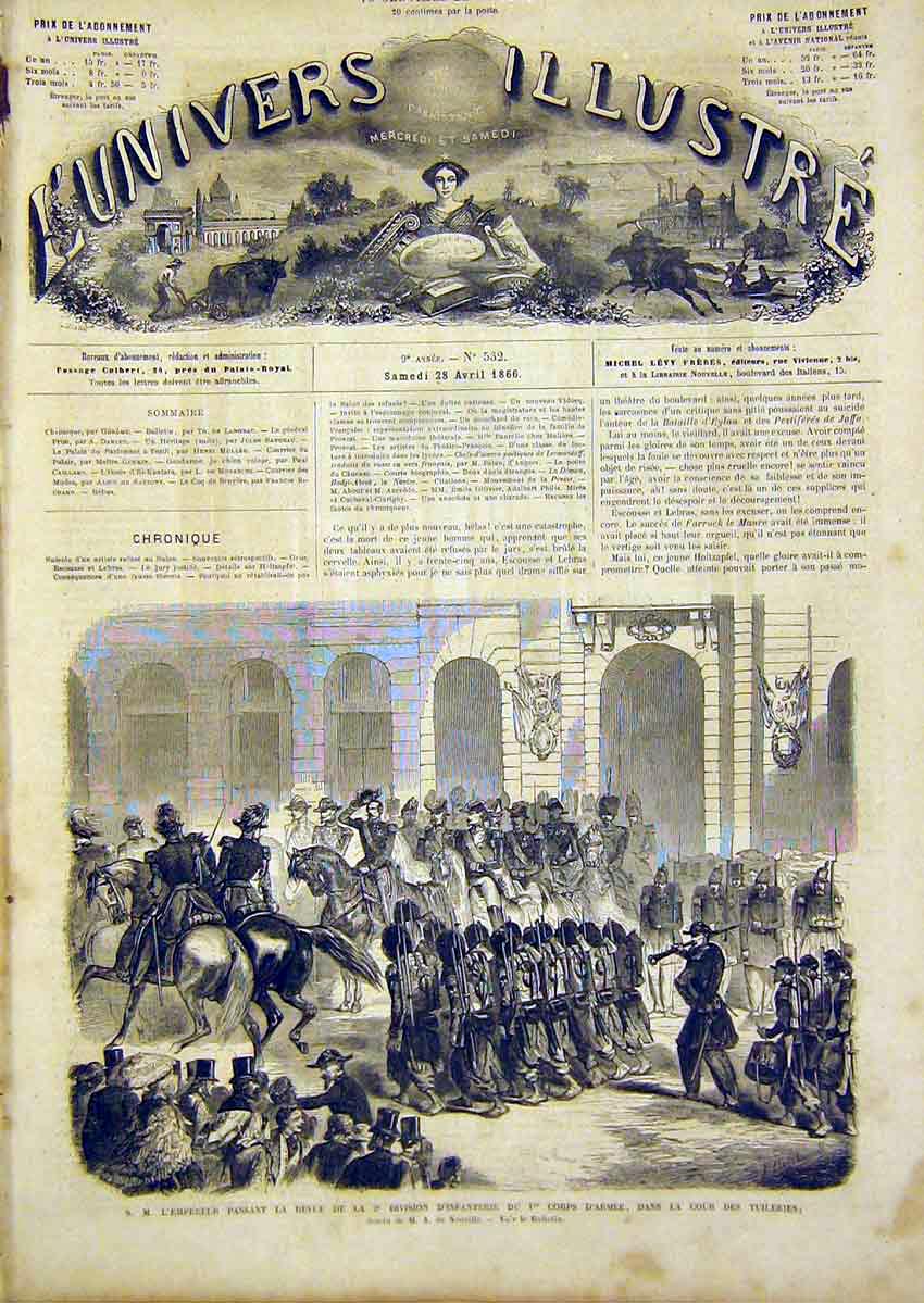 Original Old Antique Print Review Infantry Army Tuileries French 1866 Victorian