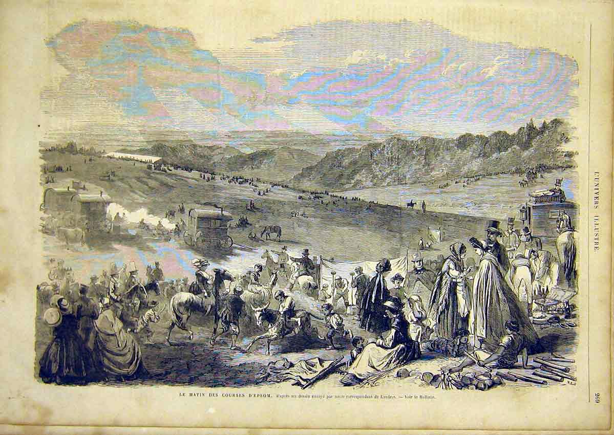 Original Old Antique Print Epsom Races Horse People French 1866 19th