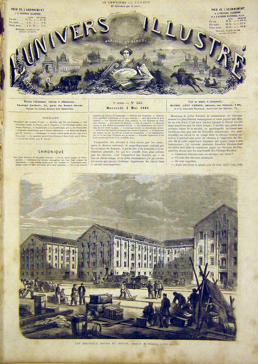 Original Old Antique Print Dock Rouen France Delannoy French 1866 19th