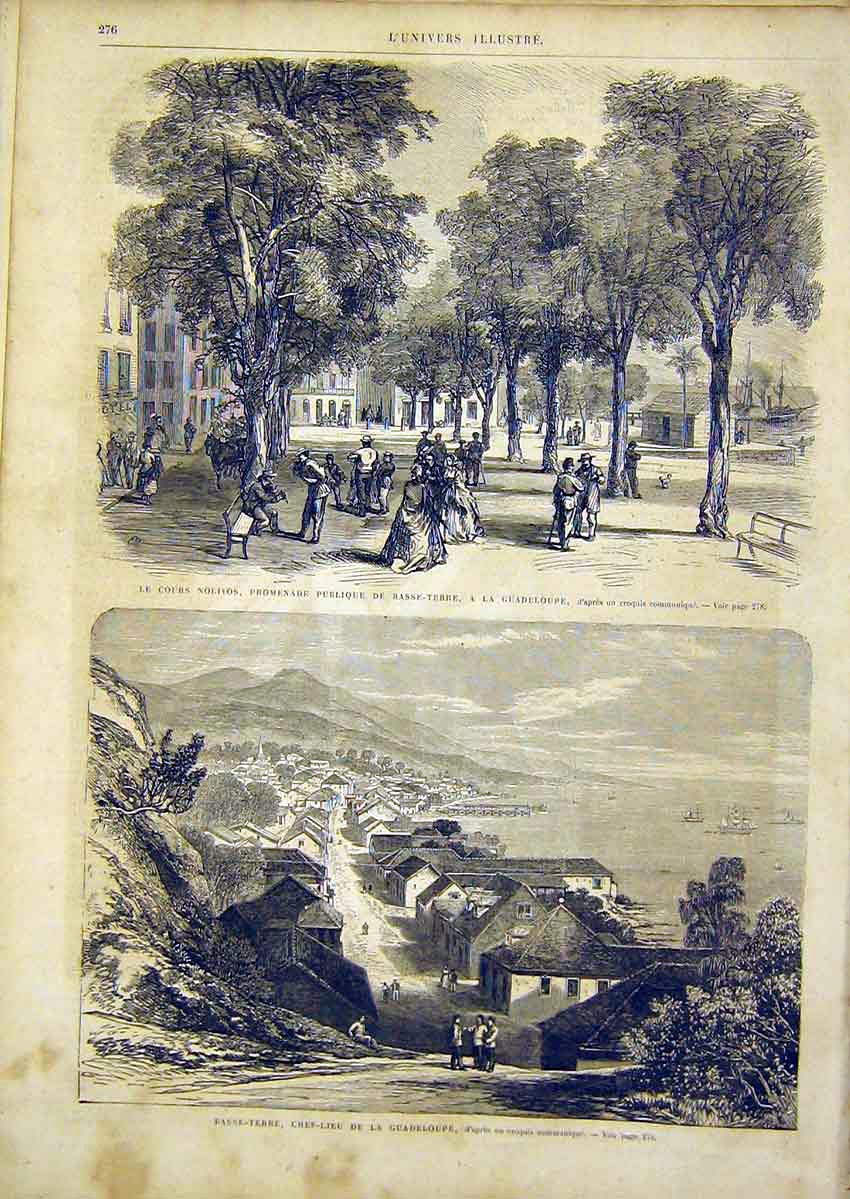 Original Old Antique Print Guadeloupe Park Basse-Terre Harbour French 1866 19th