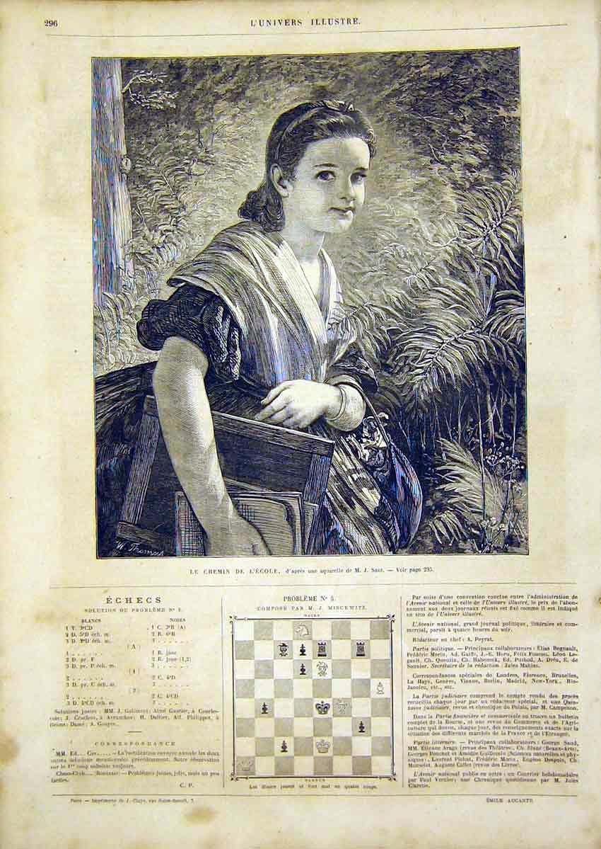 Original Old Antique Print Girl School Portrait Sant French 1866 Fine Art 19th