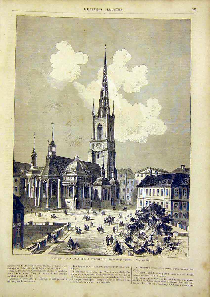 Original Old Antique Print Church Chevaliers Stockholm French 1866 Victorian