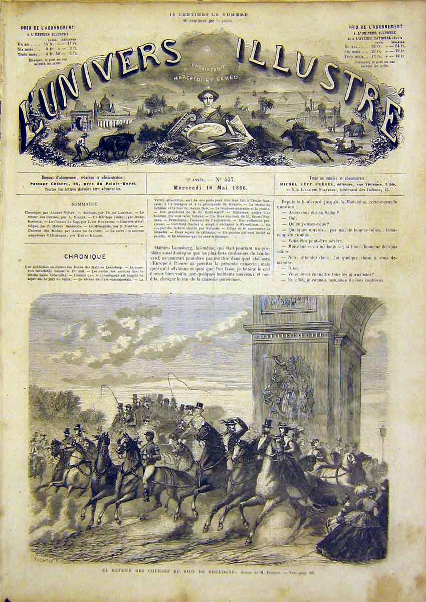 Original Old Antique Print Boulogne Provost Fine Art French 1866 Horses 19th