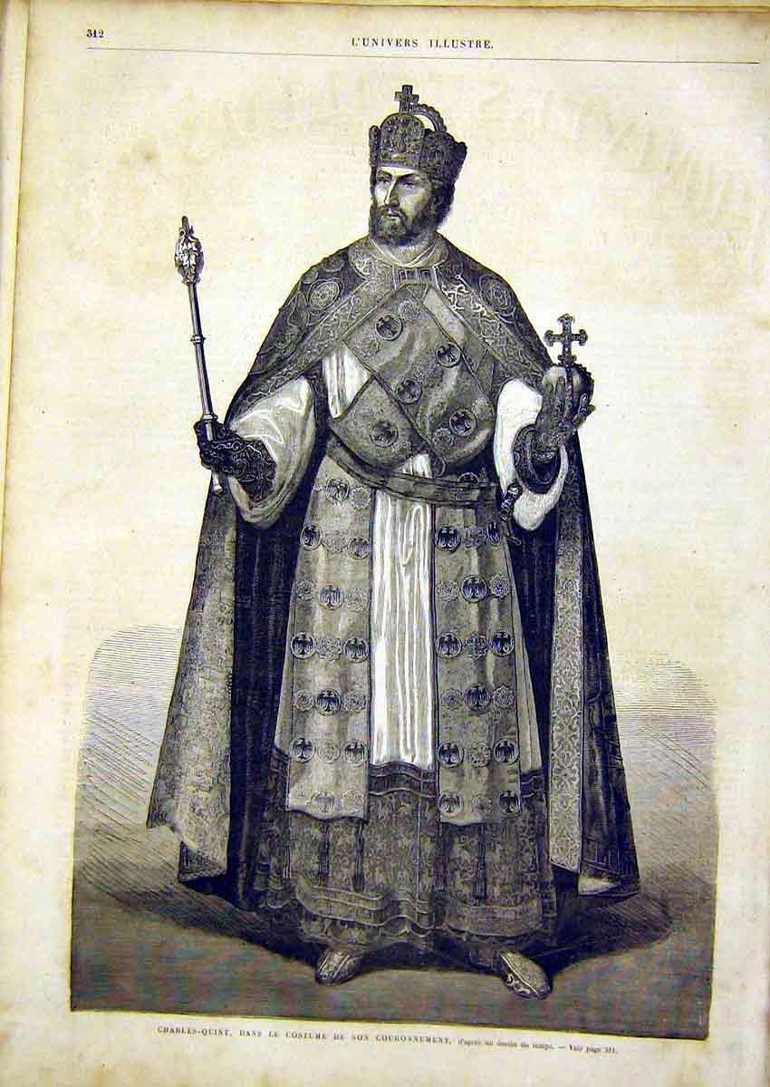 Original Old Antique Print King Charles Coronation Robes French 1866 Victorian
