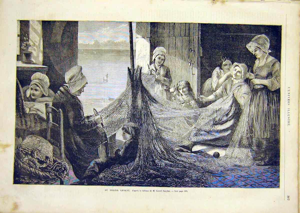 Original Old Antique Print Smythe Fish-Nets Lady Fine Art French 1866 Victorian