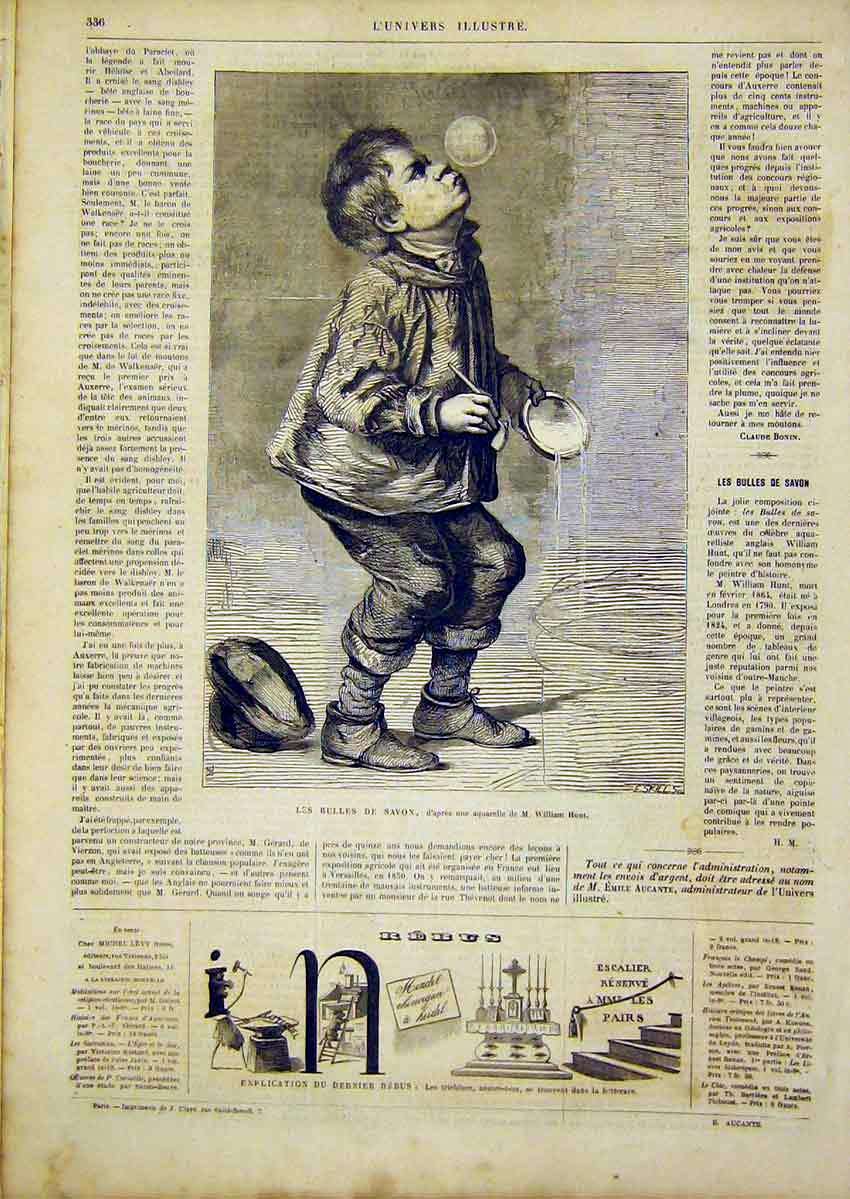 Original Old Antique Print Soap-Bubbles Boy Hunt Portrait French 1866 Victorian