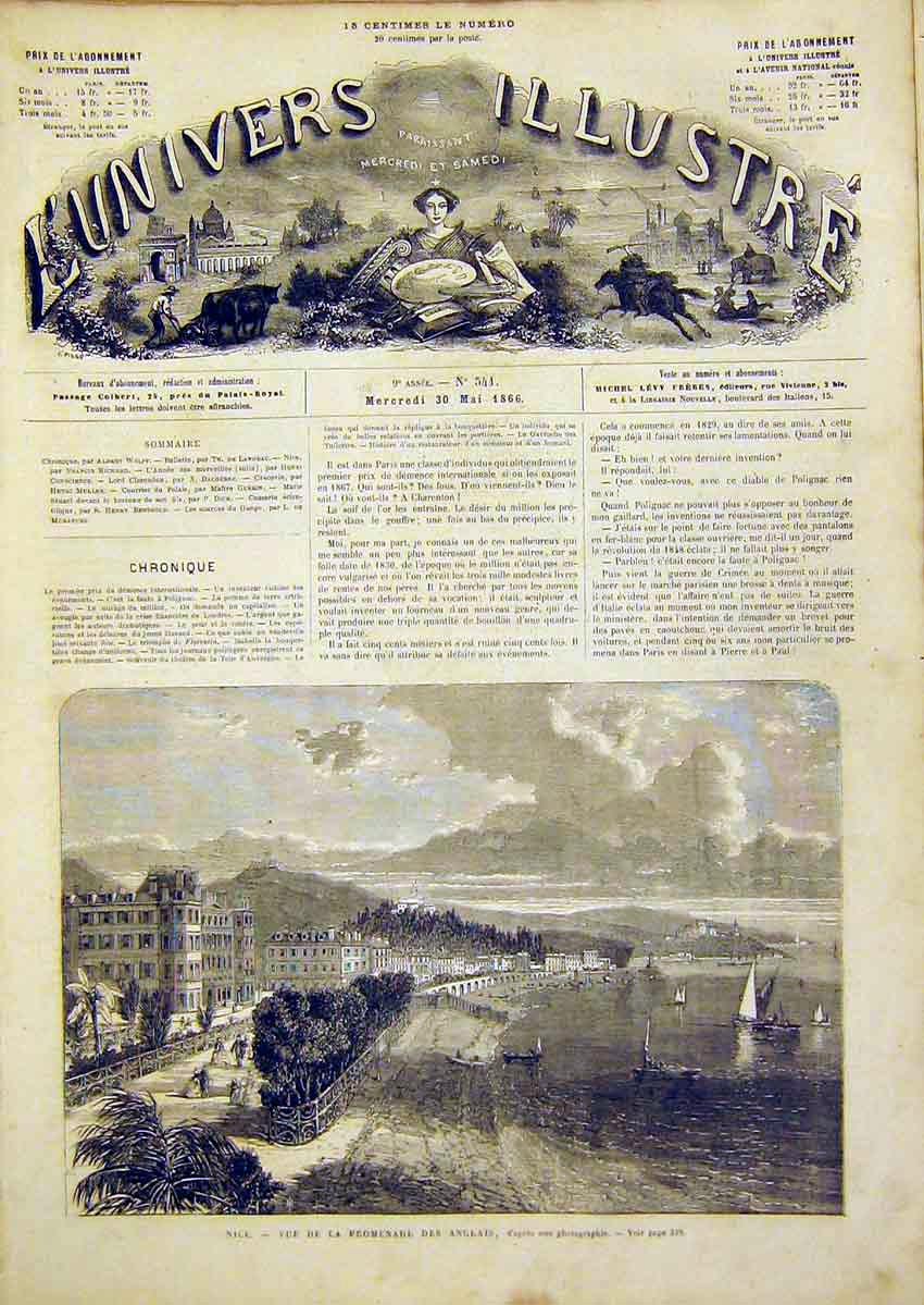 Original Old Antique Print Nice View English Promenade French 1866 Victorian