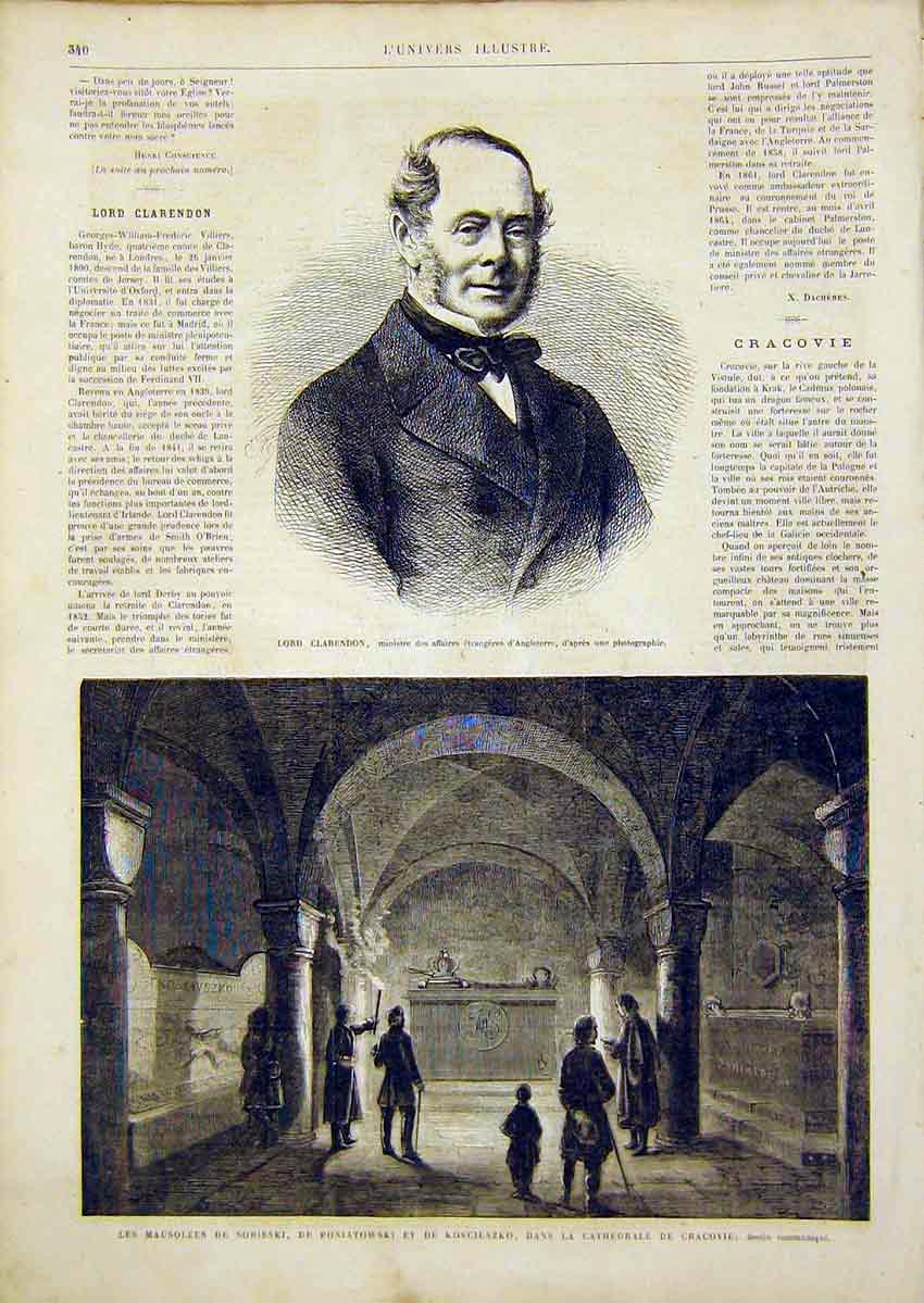 Original Old Antique Print Portrait Clarendon Mausoleum Sobieski French 1866