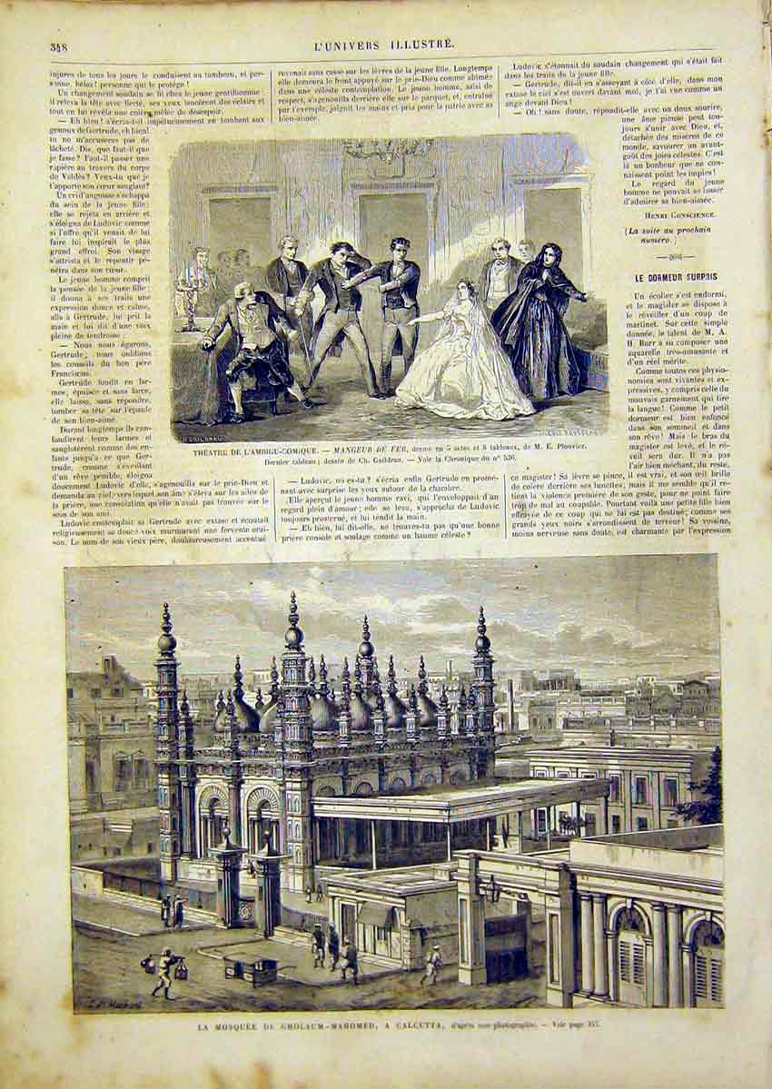 Original Old Antique Print Mosque Calcutta Theatre Comedy French 1866 Victorian
