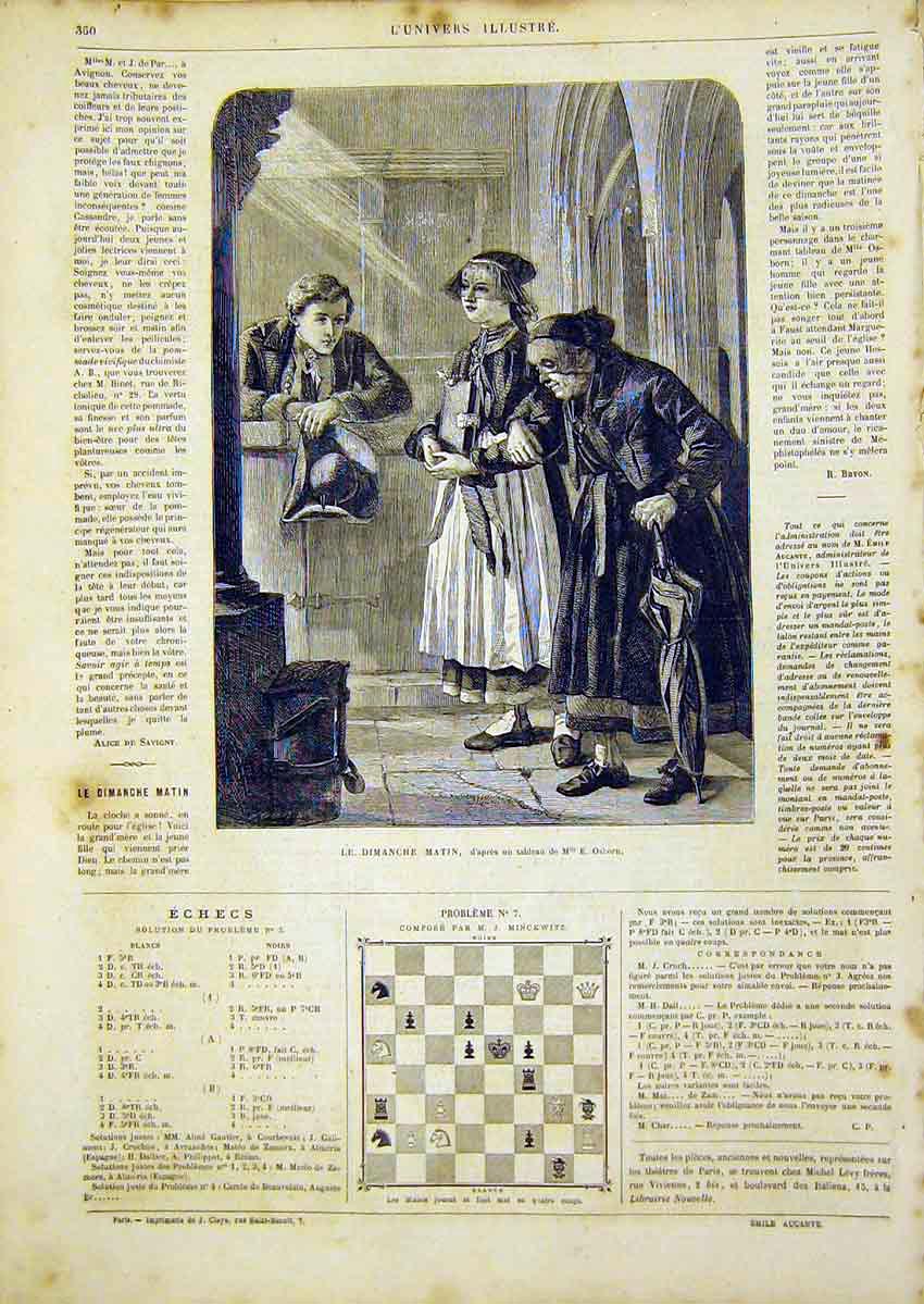 Original Old Antique Print Sunday Church Mass Religious Osborn French 1866 19th