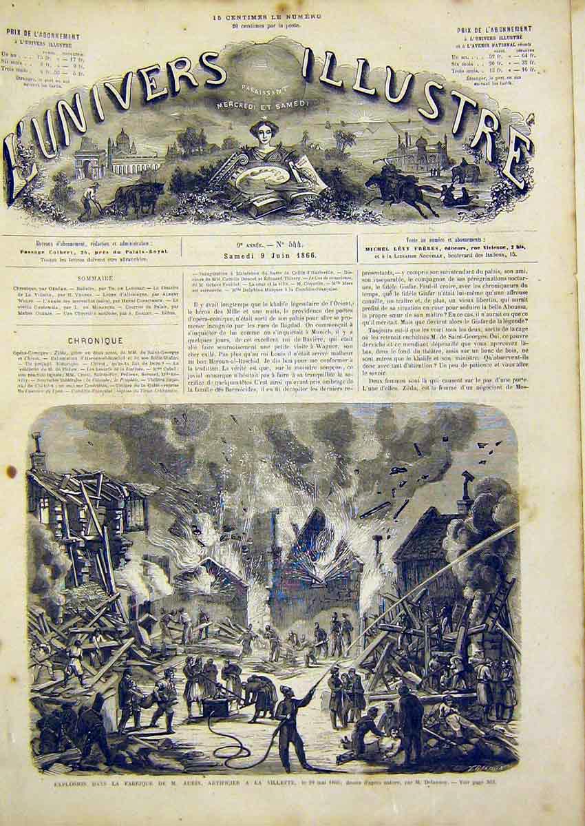 Original Old Antique Print Aubin Factory Fire Explosion French 1866 Victorian