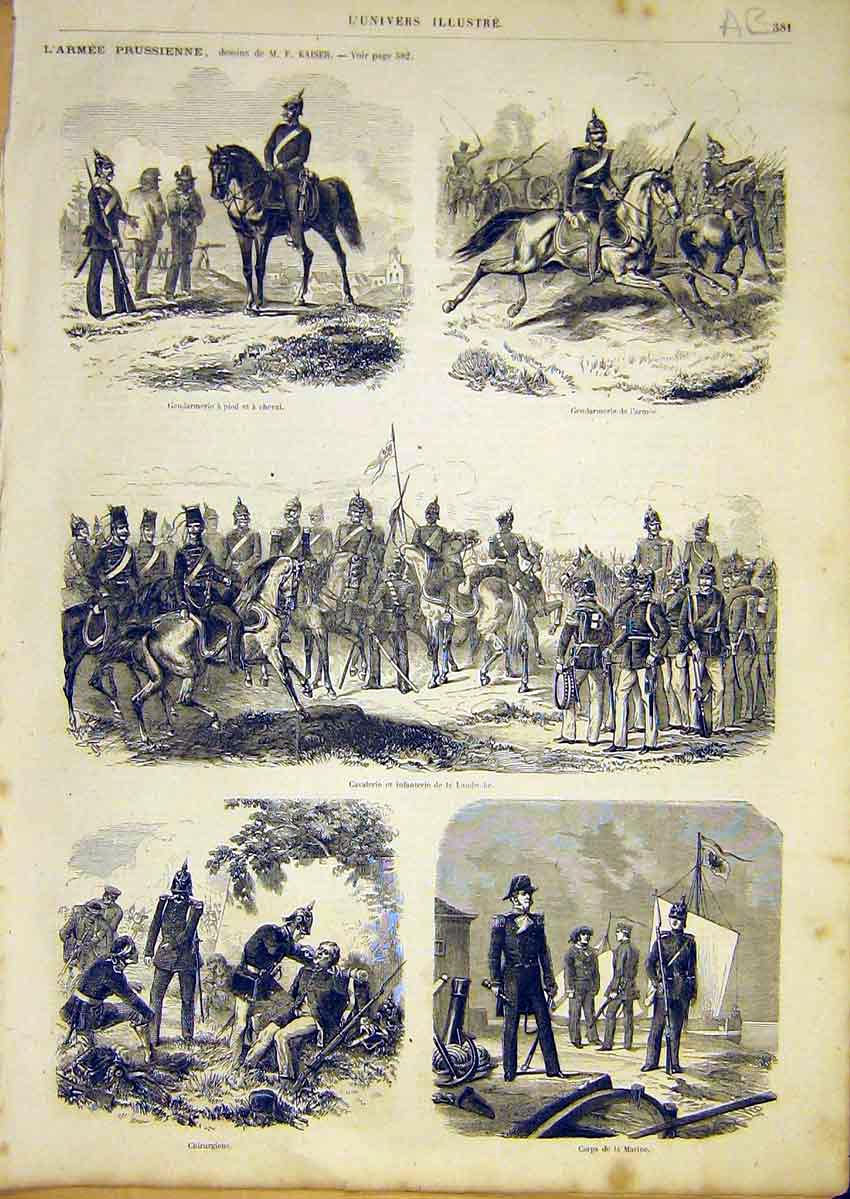 Original Old Antique Print Prussian Army Military Infantry Cavalry 1866 19th