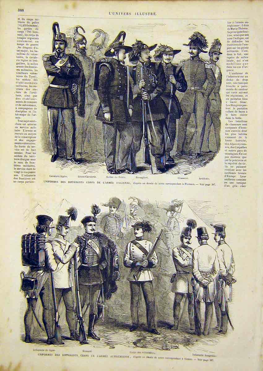 Original Old Antique Print Uniform Italian Army Austrian Military 1866 Victorian