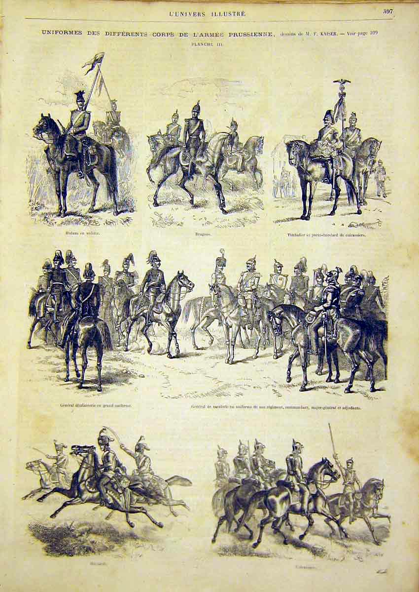 Original Old Antique Print Uniform Military Prussian Army French 1866 Victorian