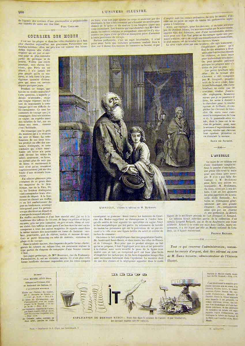 Original Old Antique Print Dyckmans L'Aveugle Prayer Religious French 1866 19th