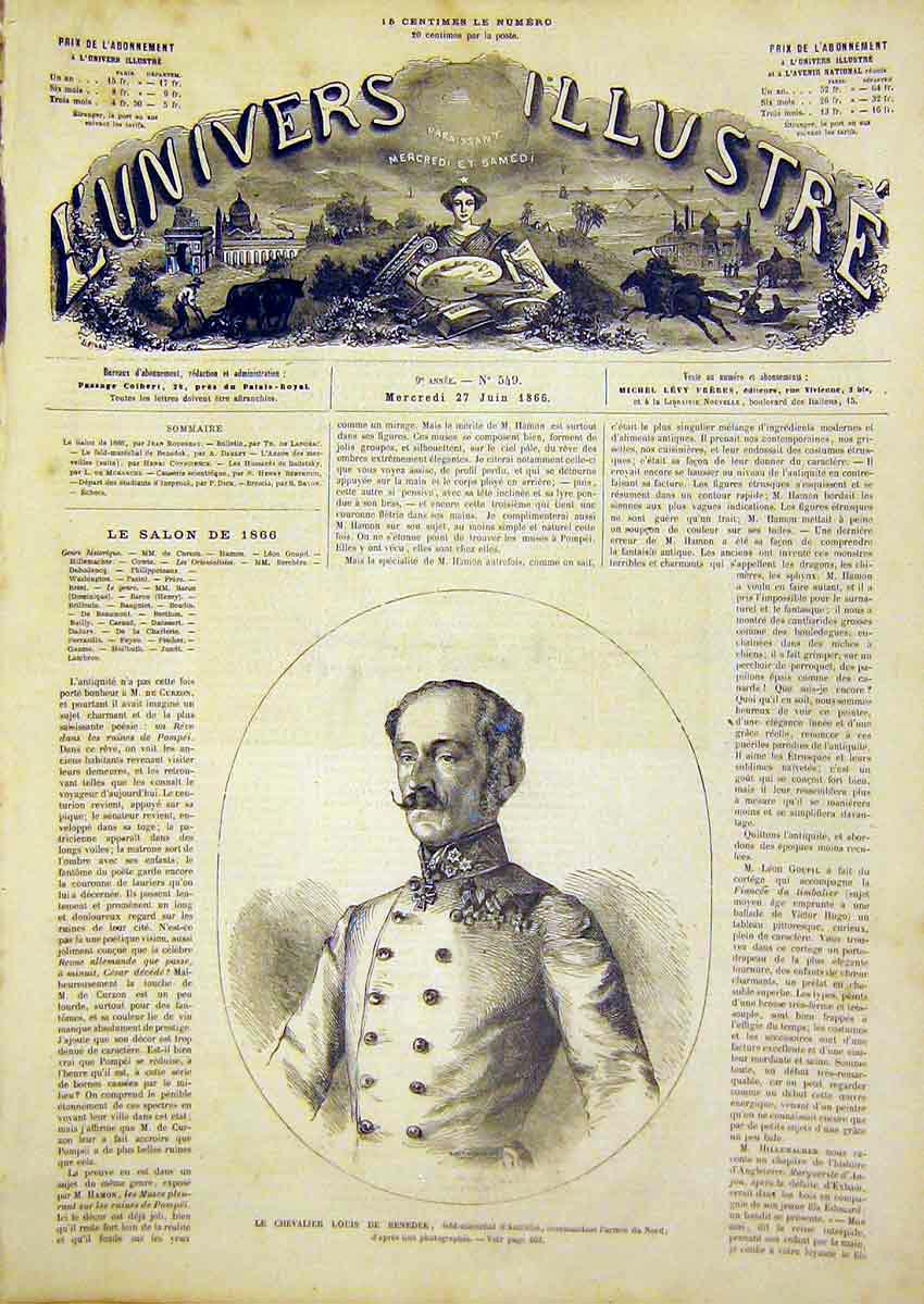 Original Old Antique Print Portrait Benedek Austrian French 1866 Military 19th