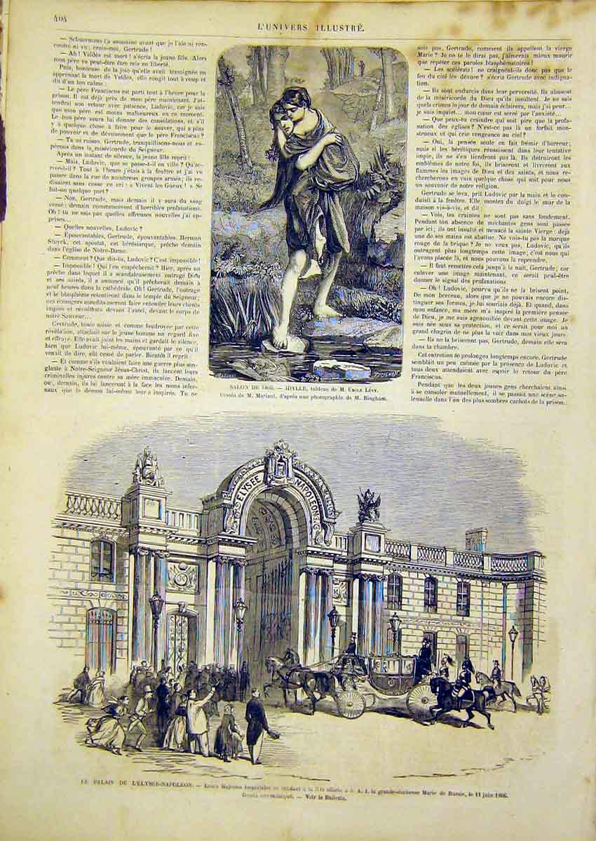 Original Old Antique Print Levy Fine Art French 1866 Palace Elysee-Napoleon 19th