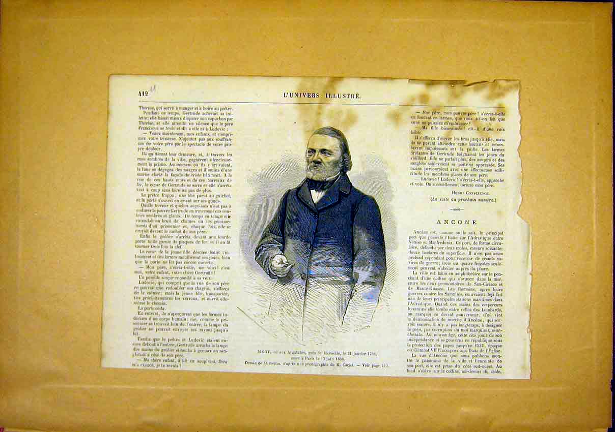 Original Old Antique Print Portrait Mery Aygalades Marseille French 1866 19th
