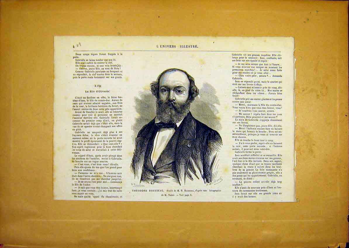 Original Old Antique Print Portrait Theodore Rousseau French 1868 Victorian