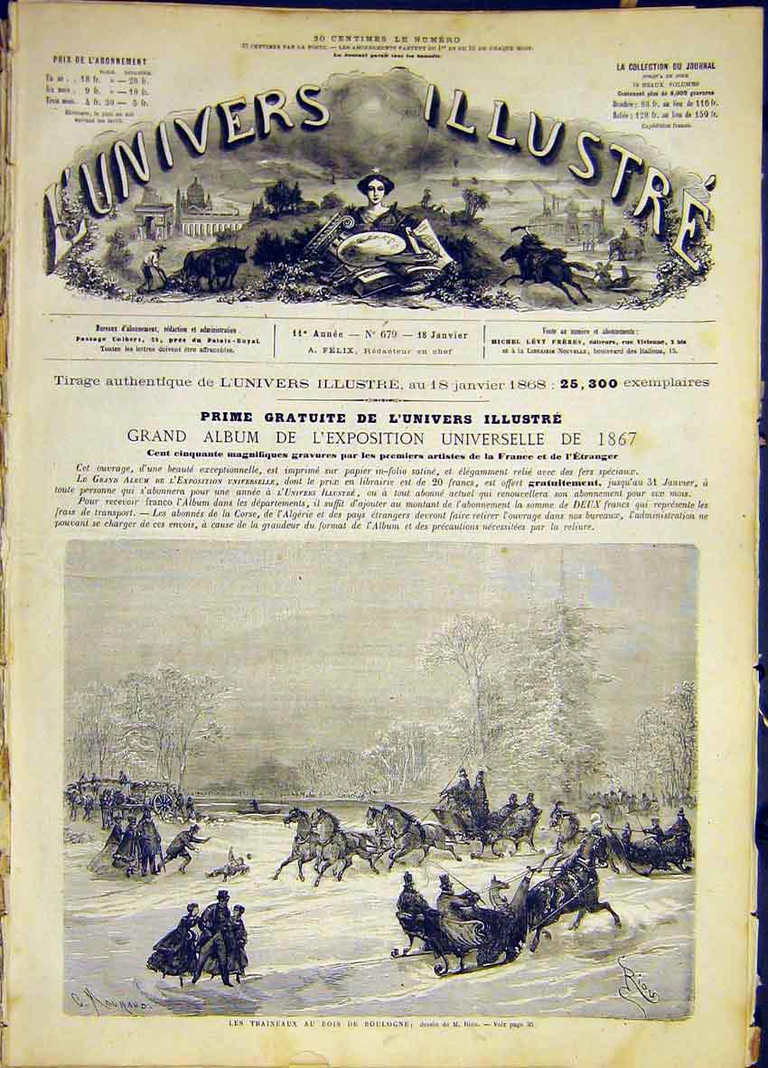 Original Old Antique Print Boulogne Snow Travel French 1868 19th
