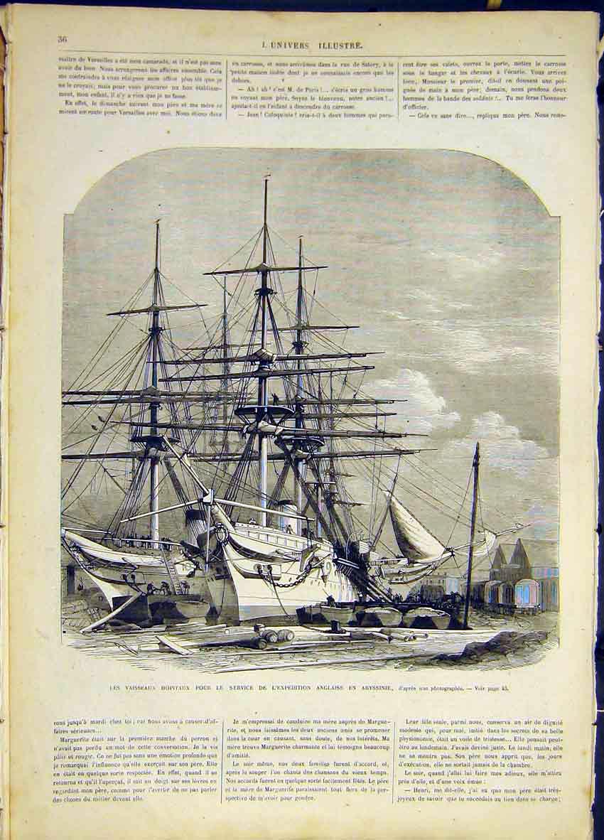 Original Old Antique Print Ship Hospital Abyssinia Expedition French 1868 19th