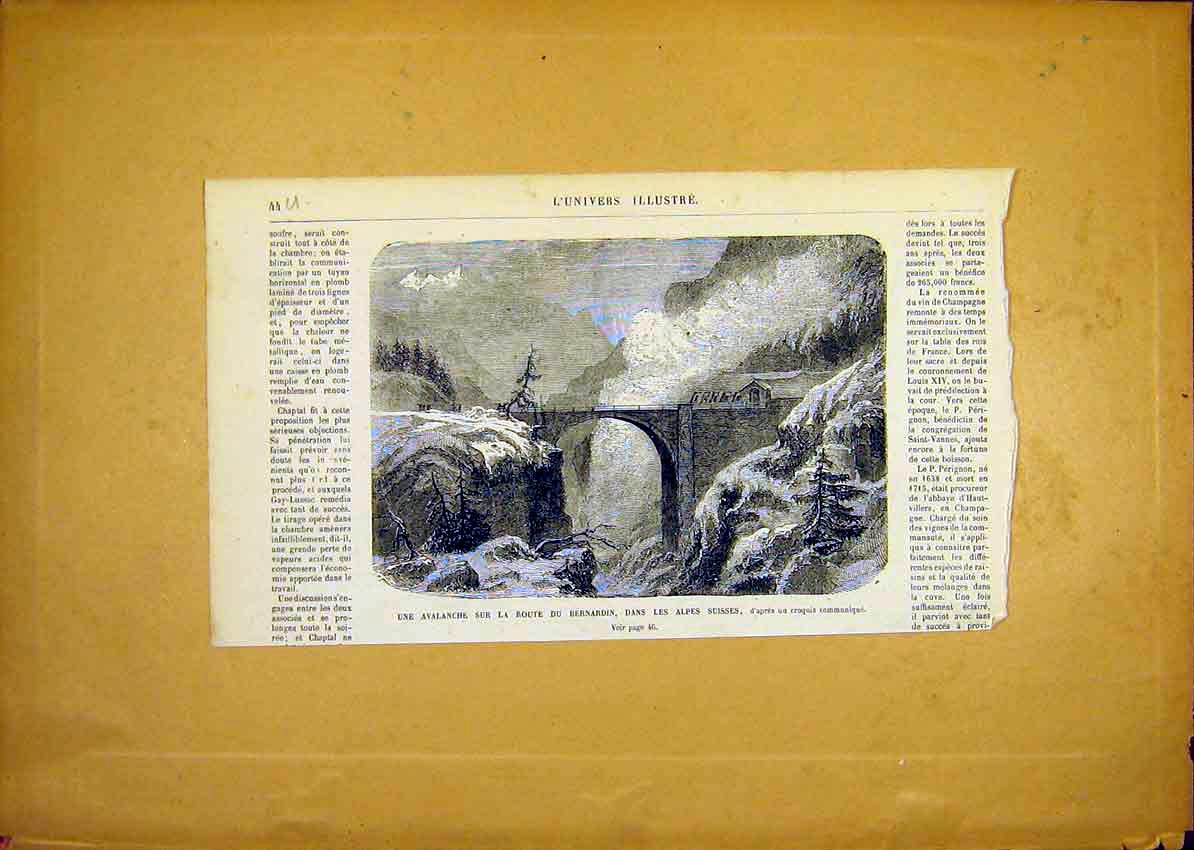 Original Old Antique Print Avalanche Bernadin Swiss Alpes French 1868 Victorian