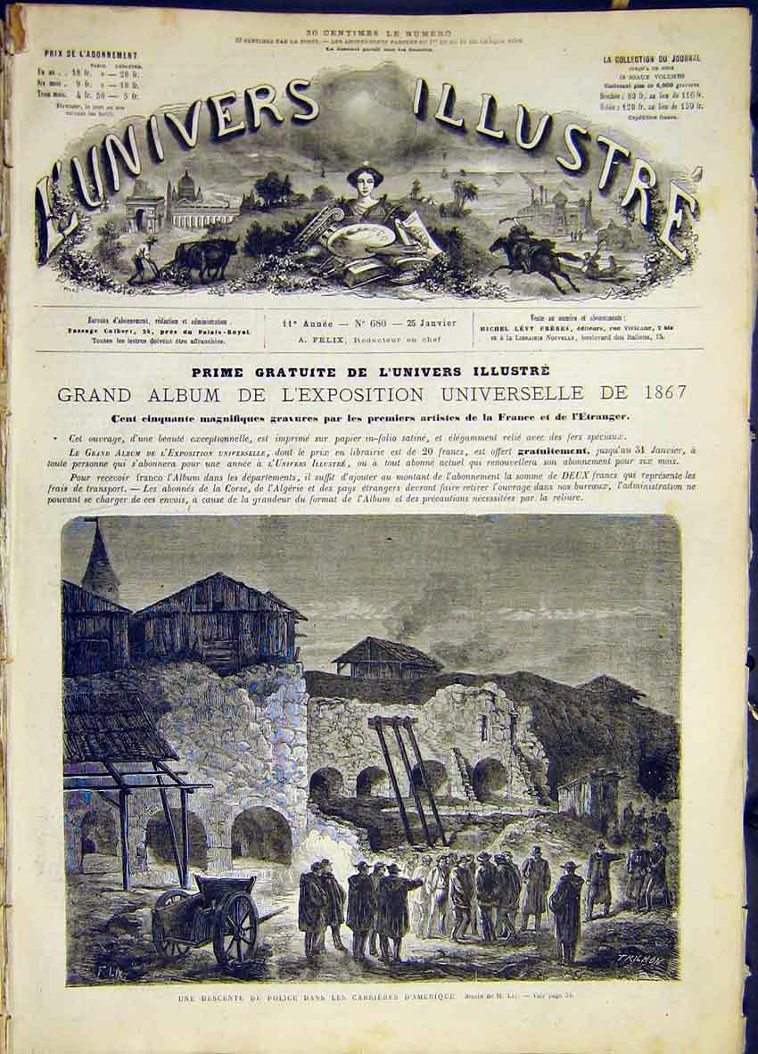Original Old Antique Print Police American French 1868 19th Century