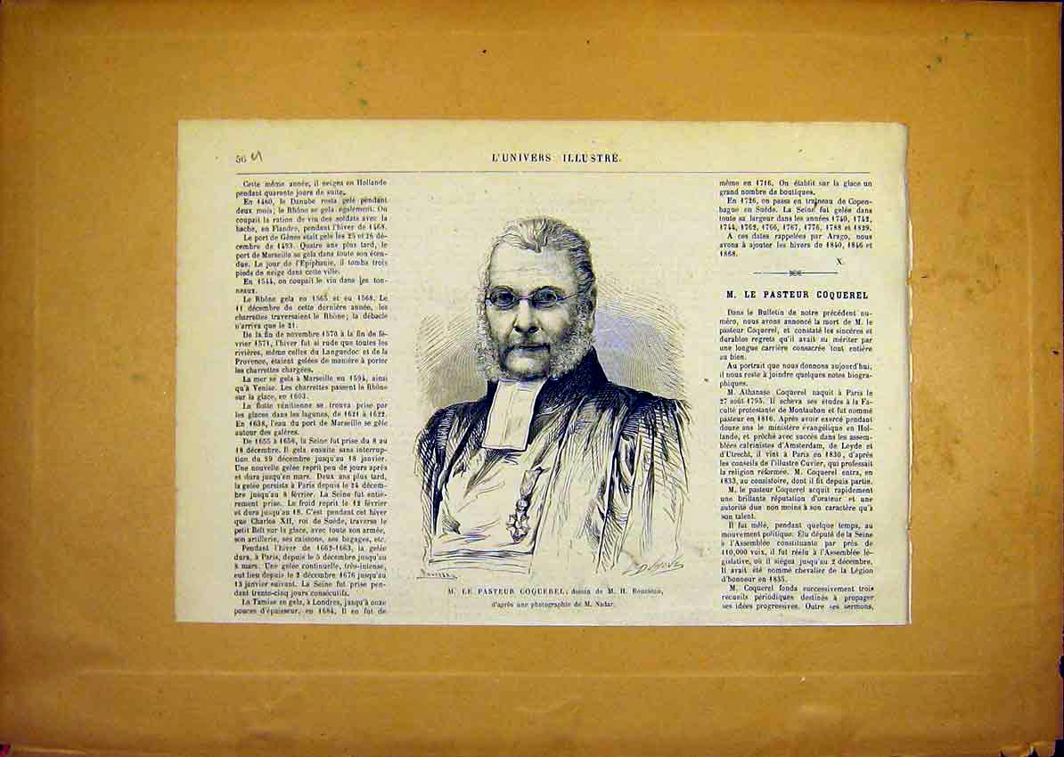 Original Old Antique Print Portrait Pasteur Coquerel French 1868 19th