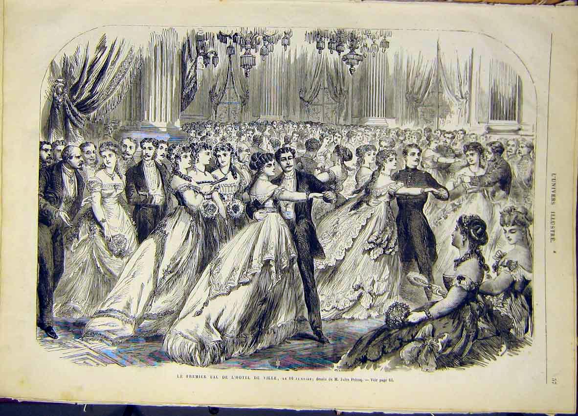 Original Old Antique Print Premier Ball Hotel Ville Pelcoq French 1868 Victorian