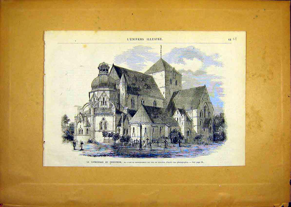 Original Old Antique Print Cathedral Drontheim Building French 1868 Victorian