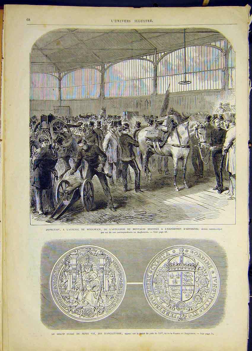 Original Old Antique Print Arsenal Woolwich Artillery Abyssinia Medal 1868 19th