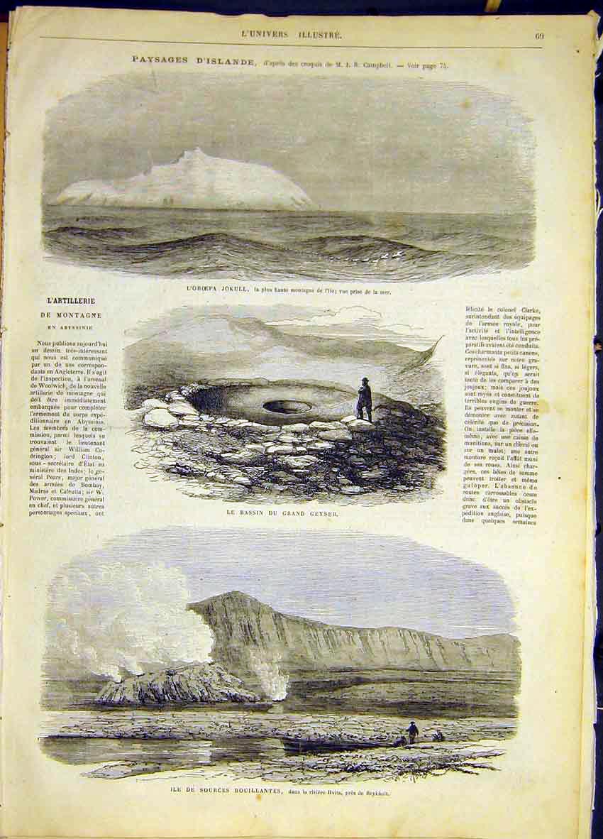 Original Old Antique Print Jokull Geyser Hvita Islands French 1868 Victorian
