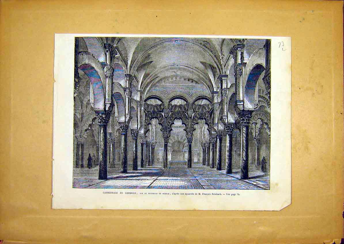 Original Old Antique Print Cathedral Cordoue Mihrab Reinhard French 1868 19th