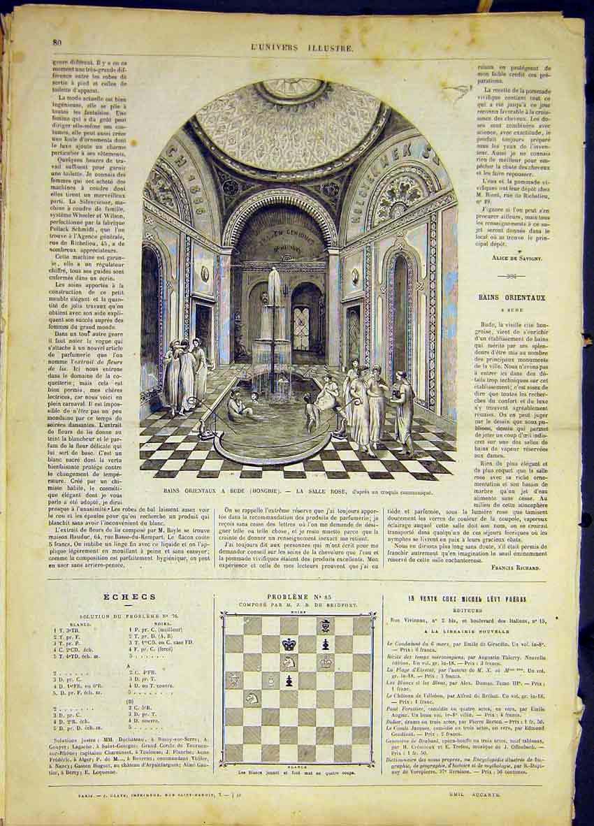 Original Old Antique Print Baths Oriental Hungary Rose French 1868 Victorian