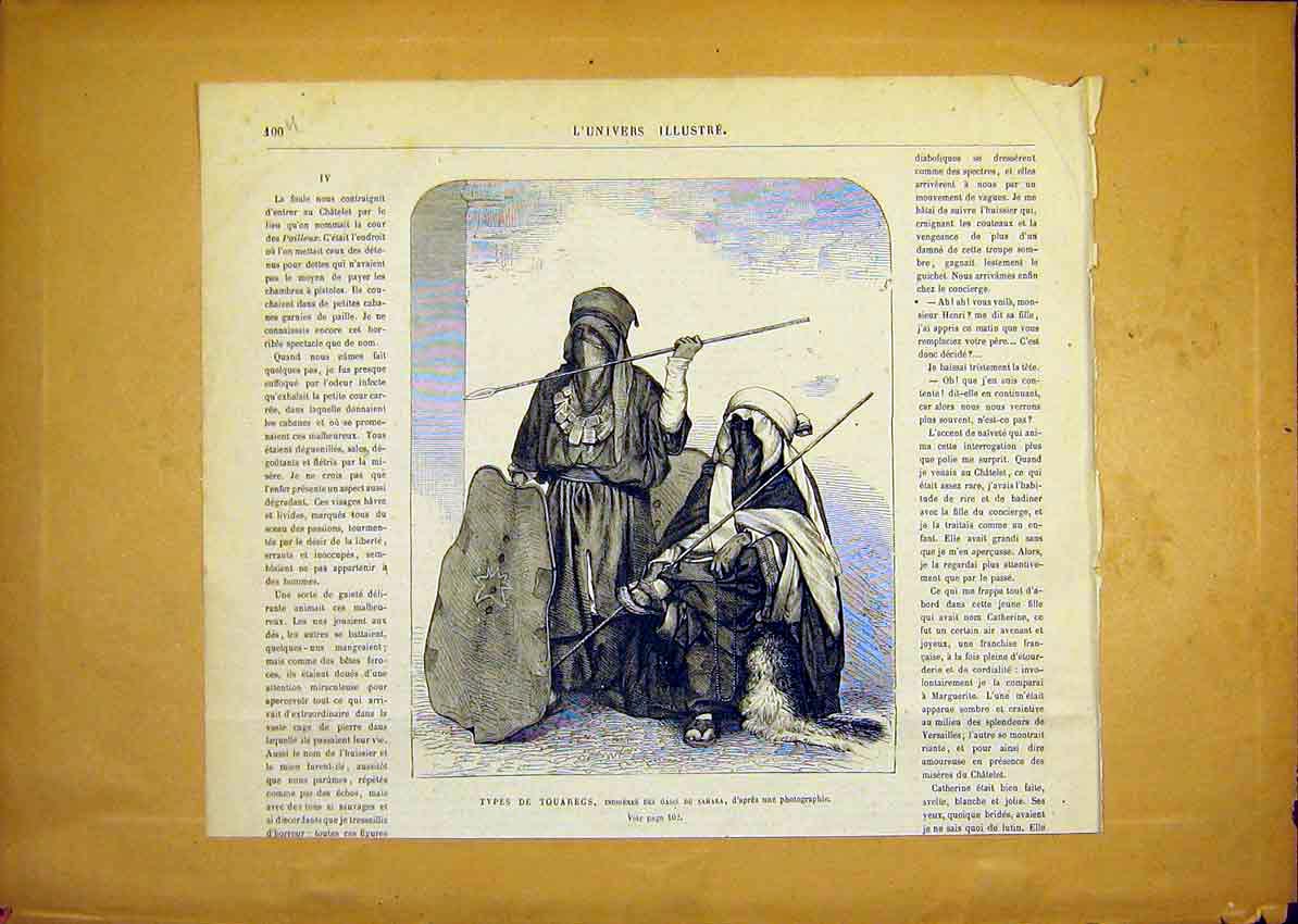 Original Old Antique Print Touregs Sahara Desert People French 1868 Victorian