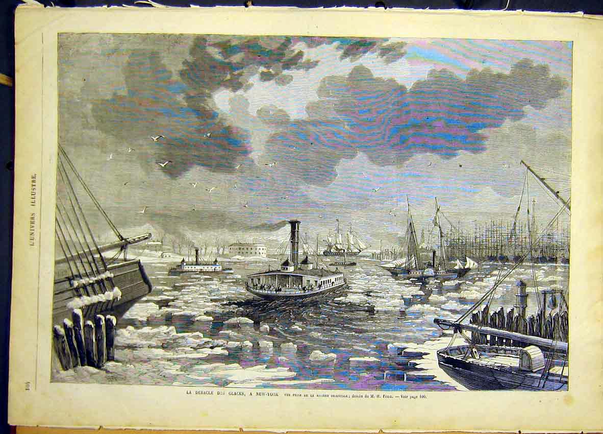 Original Old Antique Print Icebergs New York America Ships River French 1868