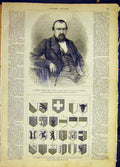 Original Old Antique Print Portrait Doctor Dubs Swiss Confederation Flags 1868
